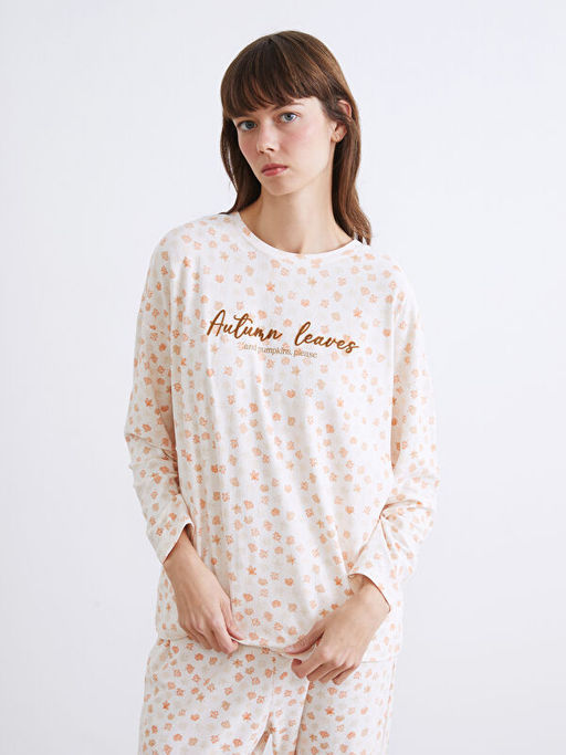 Bisiklet Yaka ?i?ekli Kad?n Pijama Tak?m?