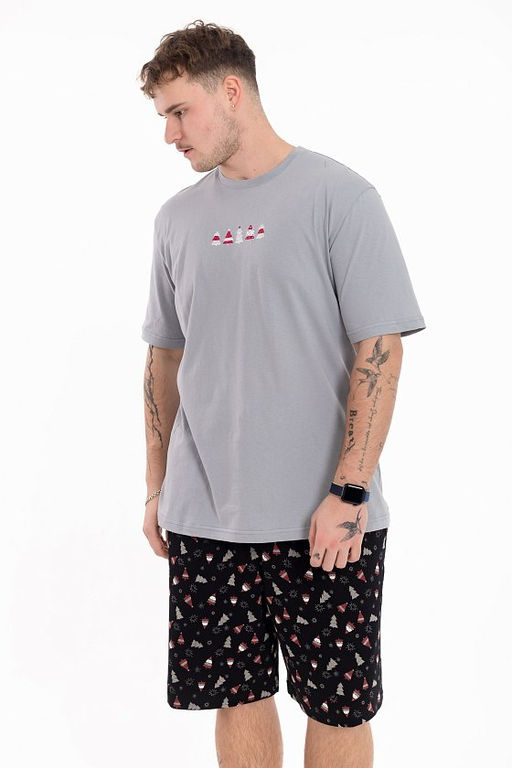 Пижама футболка и шорты М125115Псч серый/черный