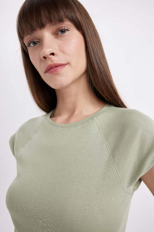 Базовая футболка в рубчик с короткими рукавами приталенного кроя с круглым вырезом - Defacto фото 5