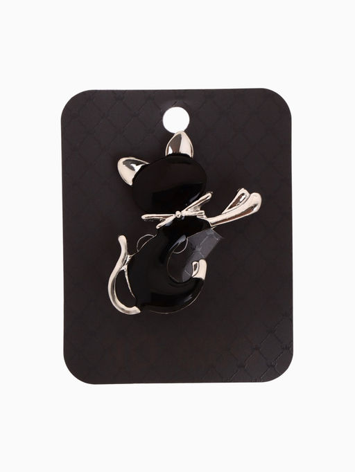 Брошь «Кошечка» с бантом, чёрная в серебре