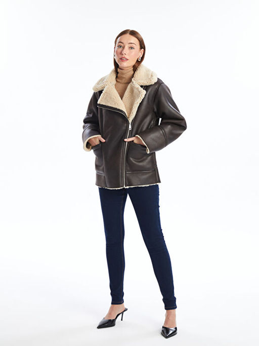 Biker Yaka Kad?n Deri G?r?n?ml? Mont - Waikiki фото 2