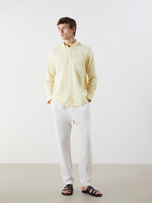 Regular Fit Uzun Kollu Keten Kar???ml? Erkek G?mlek