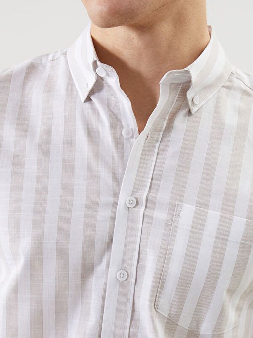 Regular Fit K?sa Kollu ?izgili Keten Kar???ml? Erkek G?mlek