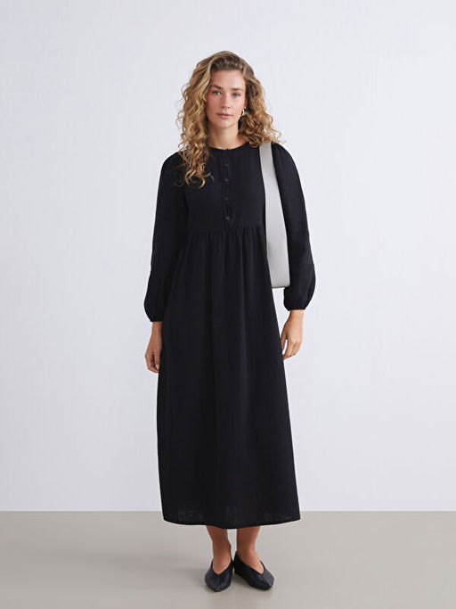 Bisiklet Yaka Dokulu M?slin Pileli Elbise