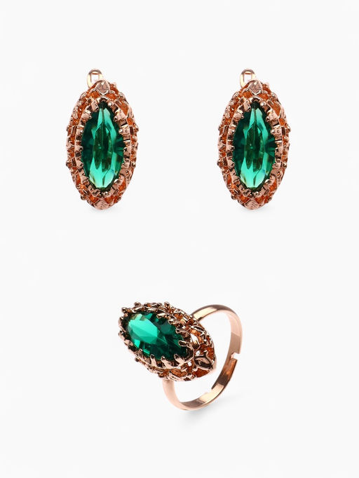 Гарнитур 3 предмета: серьги, кулон, кольцо безразмерное Эдель овал вытянутый, цвет зелёный в золоте, 45 см