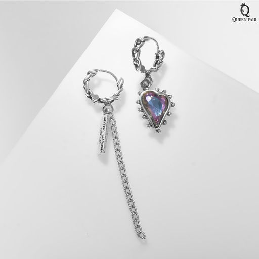 Серьги висячие со стразами Сердце асимметрия, цвет фиолетовый в чернёном серебре, 6,2см - Queen fair фото 2