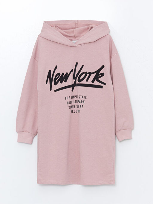 Kap??onlu Bask?l? Uzun Kollu K?z ?ocuk Elbise