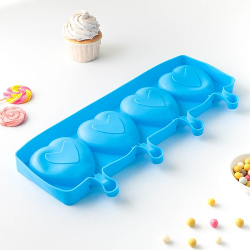 Форма для мороженого Сердца, силикон, 37?15?2.5 см, 4 ячейки (9.2?8.4 см), МИКС