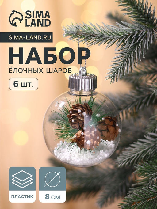 Ёлочные игрушки Льдинка - шишки, шары новогодние, d=8 см, набор 6 шт., прозрачный