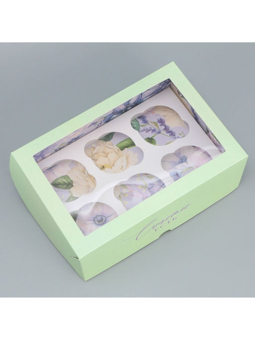 Цена за 5 шт. Коробка для капкейков, кондитерская упаковка двухсторонняя, 6 ячеек «Счастье есть», 25 х 17 х 10 см