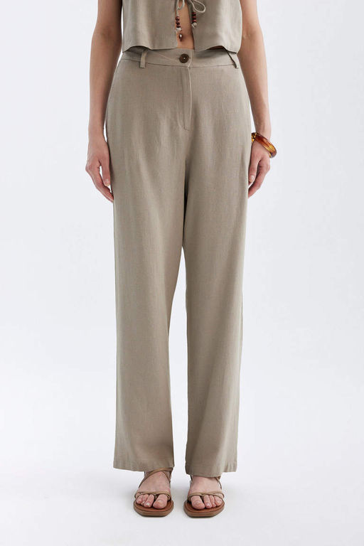 Широкие длинные брюки прямого кроя с карманами и высокой талией из смесового льна - Defacto фото 7