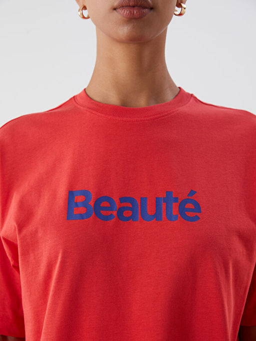 Bisiklet Yaka Bask?l? Oversize Kad?n Ti??rt