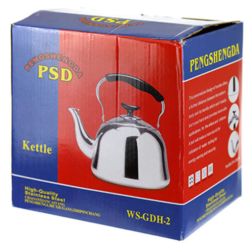 "Новосел" Чайник из нержавеющей стали 1л, д13см h12см, со встроенным в крышку свистком, с ситечком, подвижная пластмассовая ручка, цветная коробка (Китай)