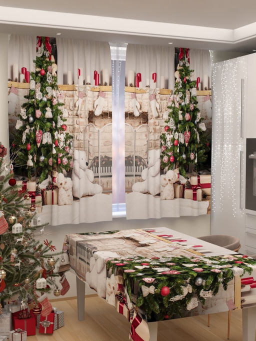 Фотошторы для кухни Новогодняя коллекция 112 Шторы (Габардин)+Скатерть (145*200)