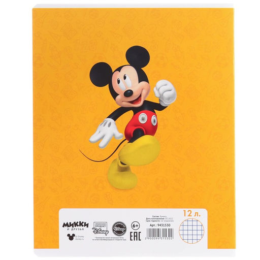 Цена за 20 шт. Тетрадь в клетку 12 листов, 5 видов МИКС, обложка мелованная бумага, Микки Маус