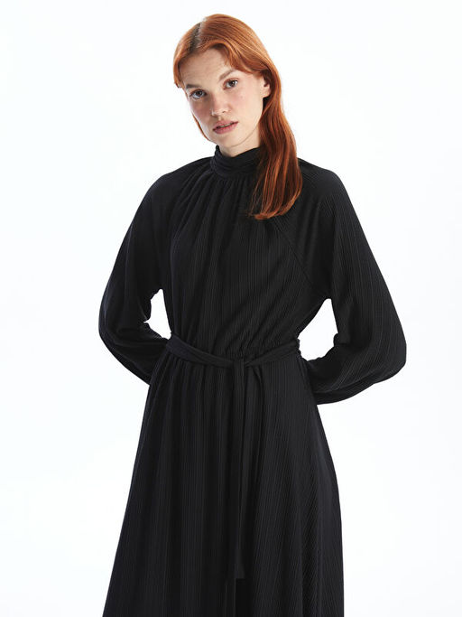 Dik Yaka D?z Uzun Kollu Elbise