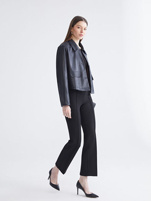 G?mlek Yaka Kad?n Deri G?r?n?ml? Ceket