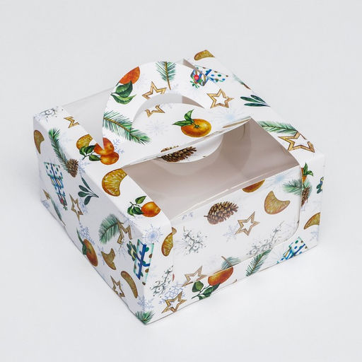Коробка под бенто - торт с окном «Мандарины и звезды», 14×14×8 см