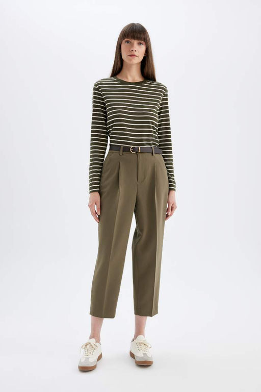 Женская повседневная полосатая футболка обычного кроя с круглым вырезом и длинными рукавами - Defacto фото 2