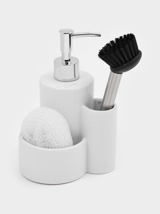 Дозатор для моющего средства Доляна «Милитари», 370 мл, с губкой и щёткой, белый