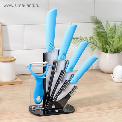 Набор кухонный на подставке Доляна, 5 предметов: ножи 7,5 см, 10,5 см, 13 см, 15 см, овощечистка, цвет голубой  фото 9
