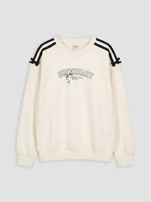 Fiyonklu Bask?l? K?z ?ocuk Sweatshirt