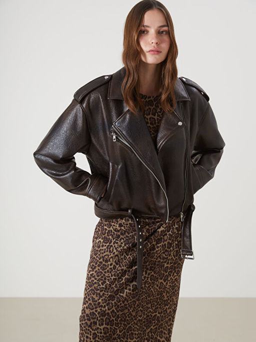 Biker Yaka Kemerli Kad?n Deri G?r?n?ml? Ceket