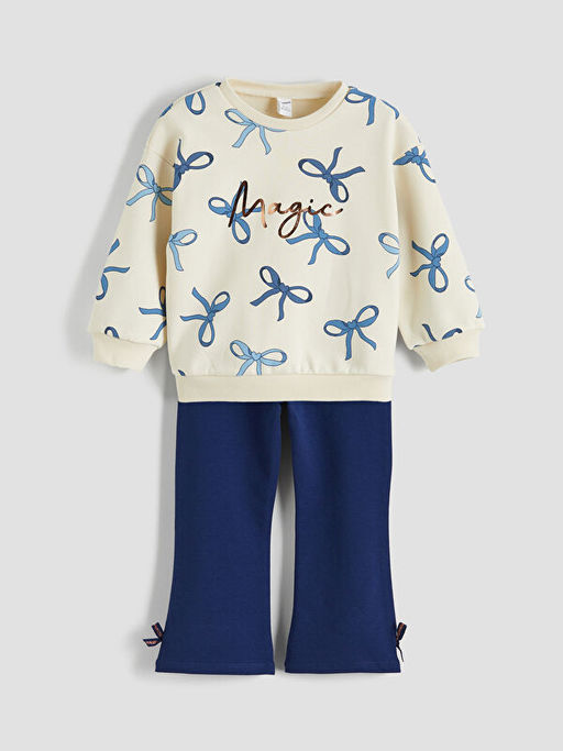 Fiyonk Bask?l? K?z ?ocuk Sweatshirt ve Tayt