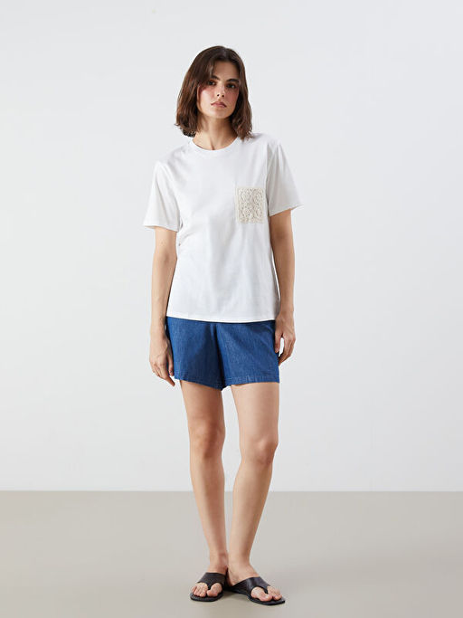 Bisiklet Yaka Dantel Cepli Kad?n Ti??rt