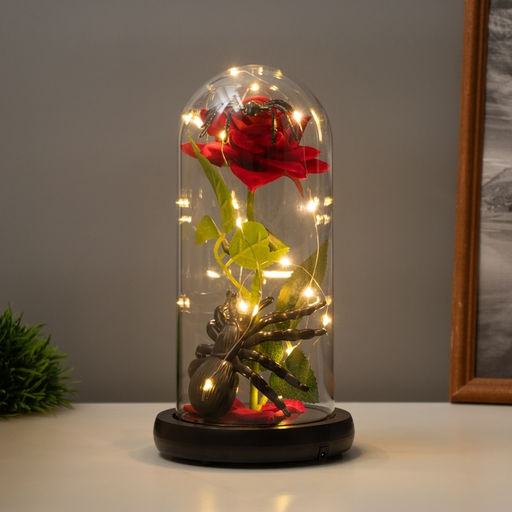 Фигурка светящаяся колба RISALUX «Паук с розой», LED-ночник, 1.5 Вт, 3×AAA, чёрный, USB, 11×11×21 см