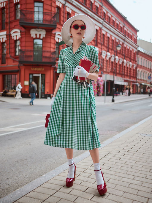 Платье хлопок клетка зелено-белая - Tantino фото 2