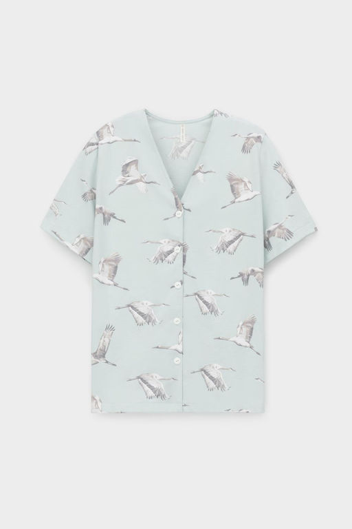 Е 20153/туманный голубой, журавли пижама жен (рубашка ночная, брюки)