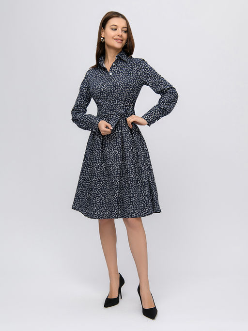 Платье темно-синего цвета длины миди с принтом и отложным воротником - 1001dress фото 2