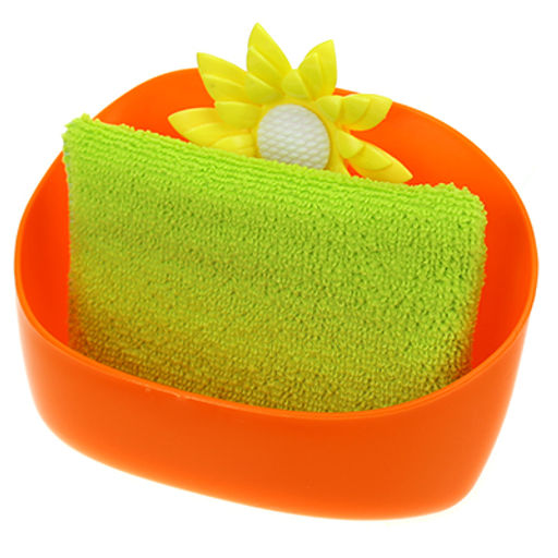 "Ромашка" Подставка для губок пластмассовая настенная на присосках, 15,5х7х11см, с губкой 12,5х9х2см, цвета в ассортименте: фуксия; оранжевый (Китай)