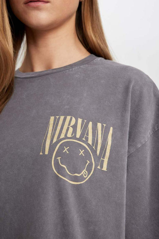 Моющаяся футболка Nirvana Oversize с круглым вырезом и короткими рукавами с эффектом выцветания - Defacto фото 9