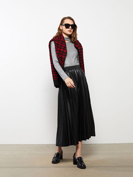 Beli Lastikli D?z Pileli Kad?n Etek