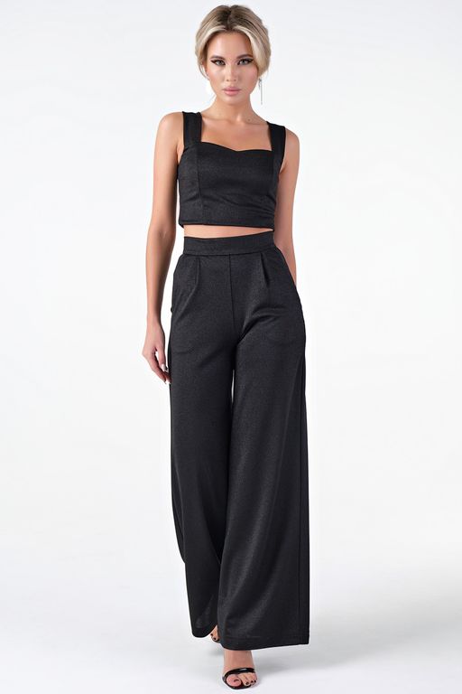 Брюки трикотажные широкие длинные с высокой посадкой черные
