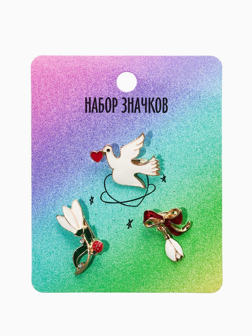 Броши "Голубь, подснежники" (набор 3шт), цветной в золоте