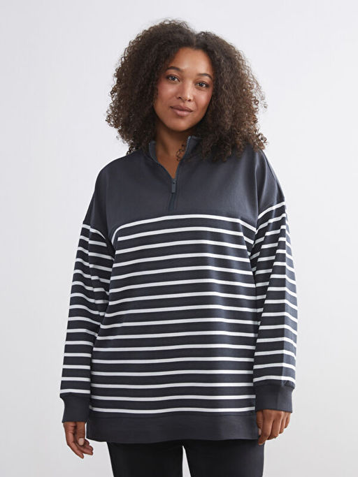B?y?k Beden ?izgili Kad?n Sweatshirt Tunik