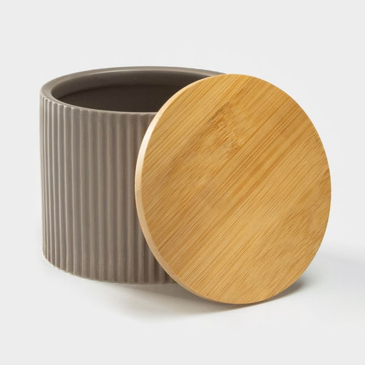 Банка для сыпучих «Дымка», 850 мл, 12×10 см, с бамбуковой крышкой, керамика, бежевая