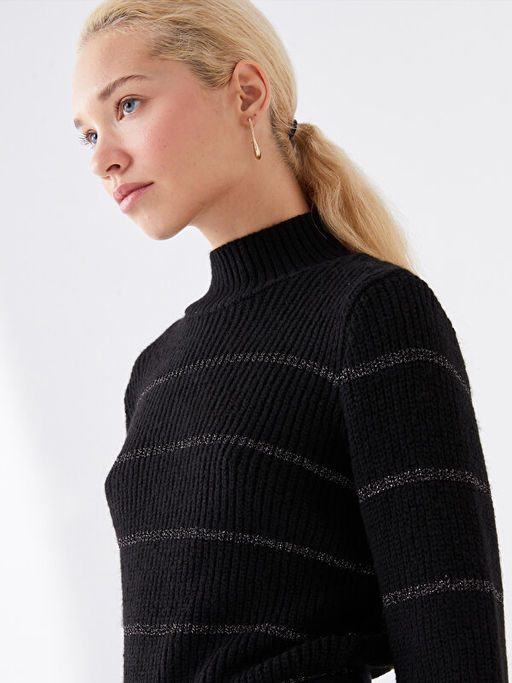 Yar?m Bal?k?? Yaka ?izgili Uzun Kollu Kad?n Triko Kazak