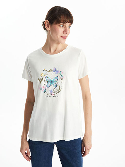 Bisiklet Yaka Bask?l? Kad?n Ti??rt