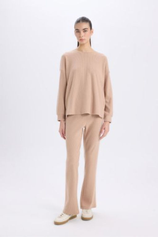 Fall in Love Pijama Tak?m? Regular Fit Basic Duz Uzun Kollu Ust Genis Bol Paca Alt