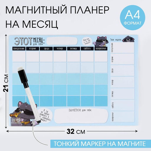 Планер магнитный А4 и стирающийся маркер«Енотик»,
