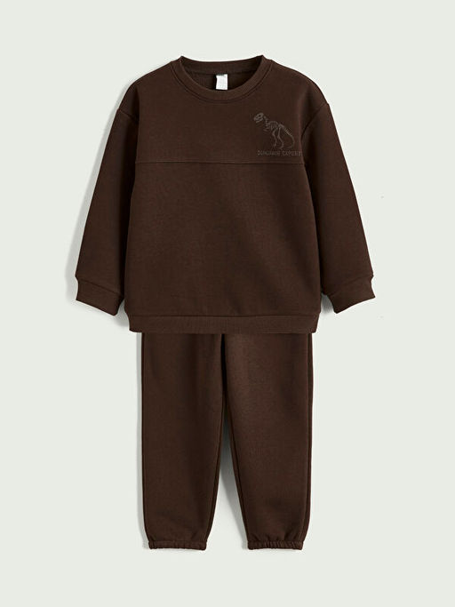 Dinozor Bask?l? Erkek ?ocuk Kal?n Sweatshirt ve E?ofman Alt?