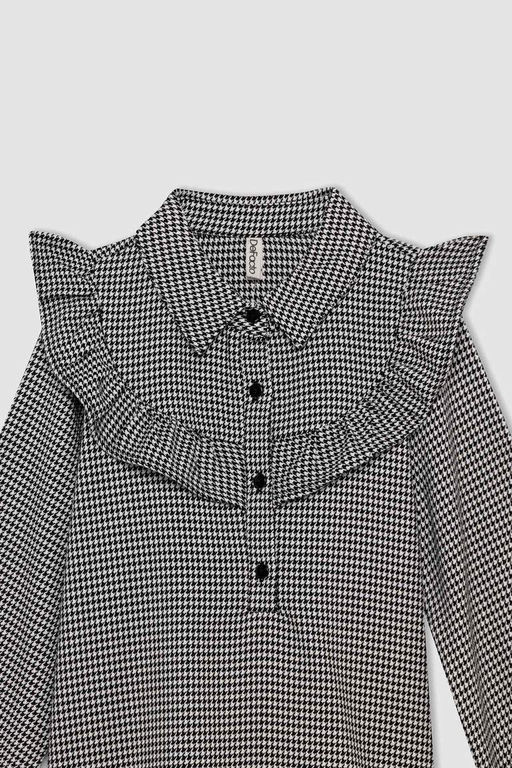 Тканое платье с узором гусиные лапки для девочки - Defacto фото 2