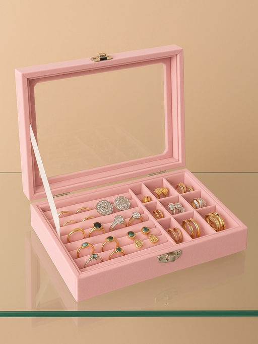 Шкатулка для украшений, 7 полос, 9 ячеек, 20.5×15×5 см, розовая