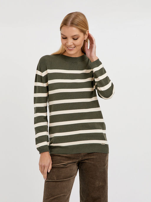 джемпер женский в цвете хаки с полосками молочного цвета - Glenfield фото 3