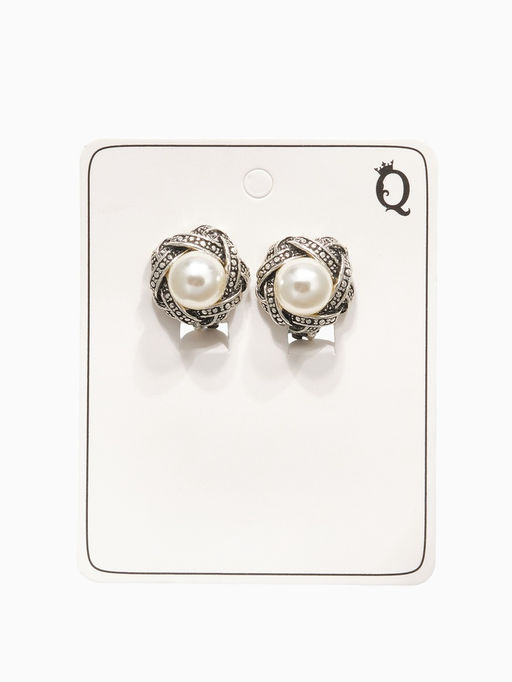 Клипсы Грейс внахлёст с бусиной, цвет белый в чернёном серебре