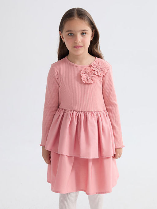 Bisiklet Yaka ?i?ekli K?z ?ocuk Elbise